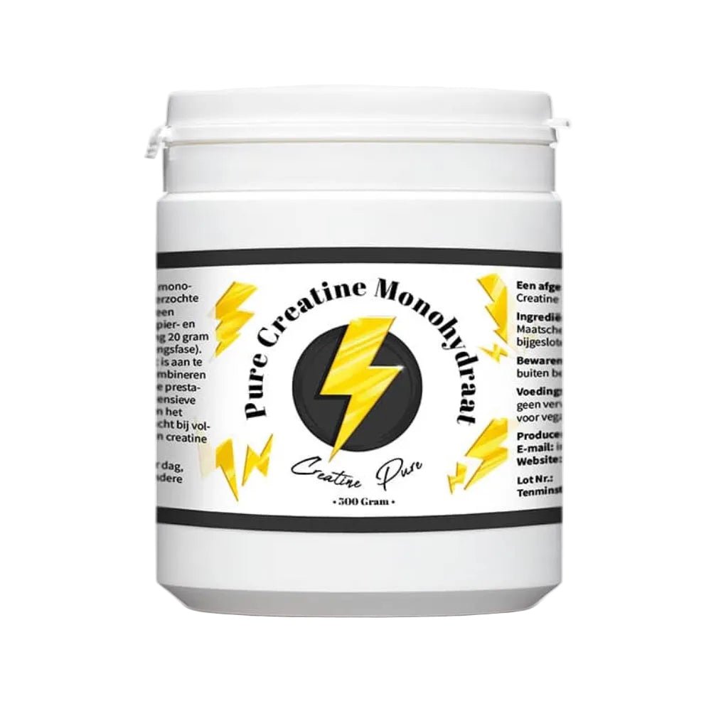 Creatine Monohydraat Poeder 500g pot van Kala Health met wit etiket en geel bliksemschicht logo