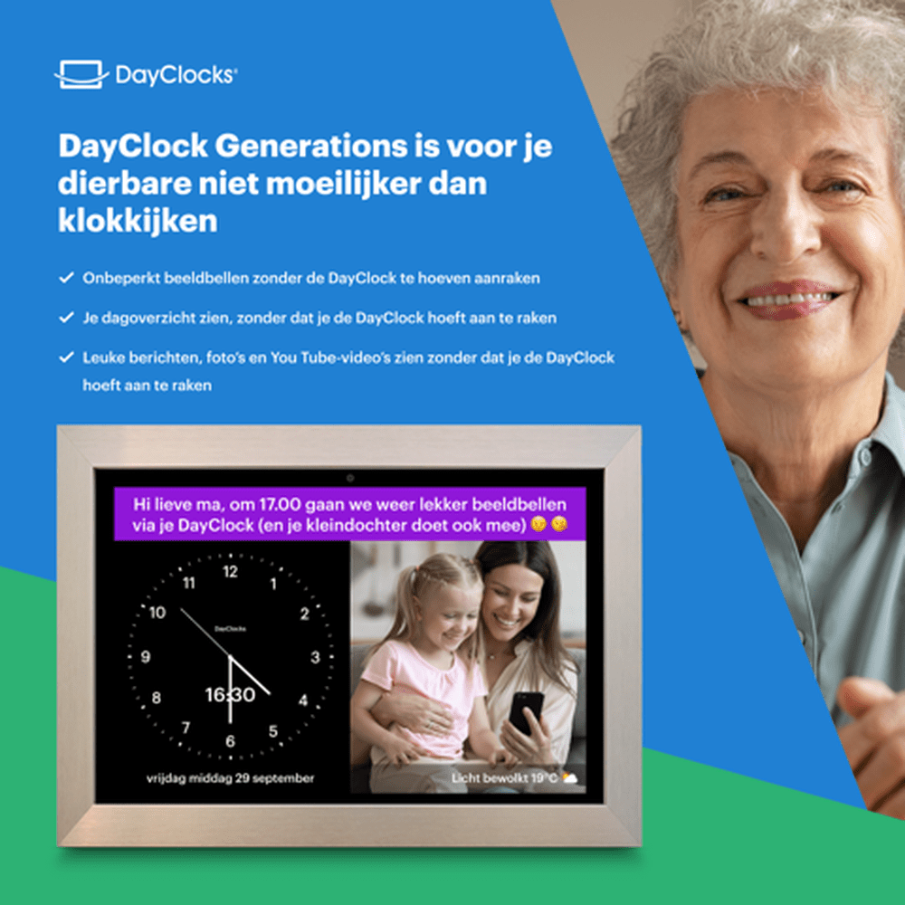 DayClock zilveren lijst met beeldbellen functie en agenda voor senioren