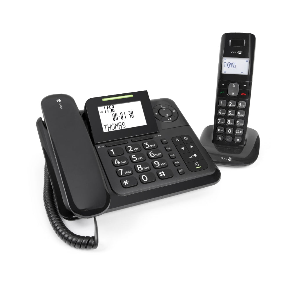 Doro Comfort 4005 draadloos en vast telefoonsysteem zwart vanuit hoekperspectief