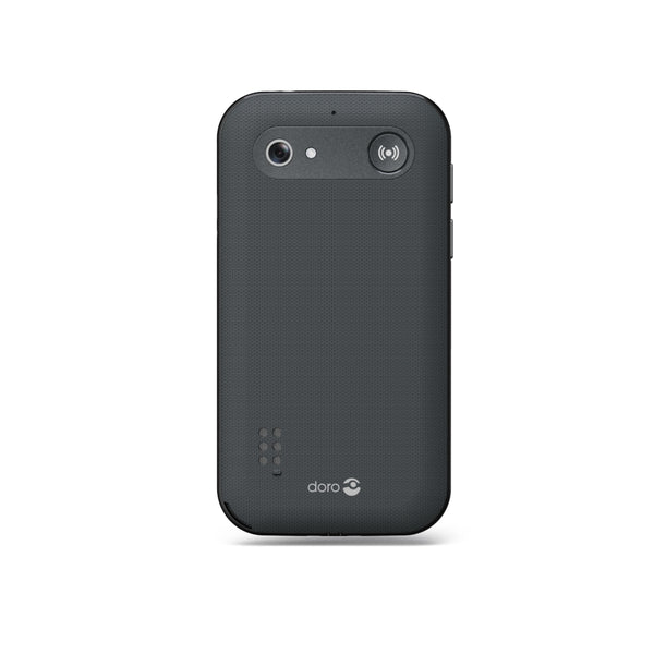 Achterkant zwarte Doro Leva L10 met camera, sensor en haptische indrukken