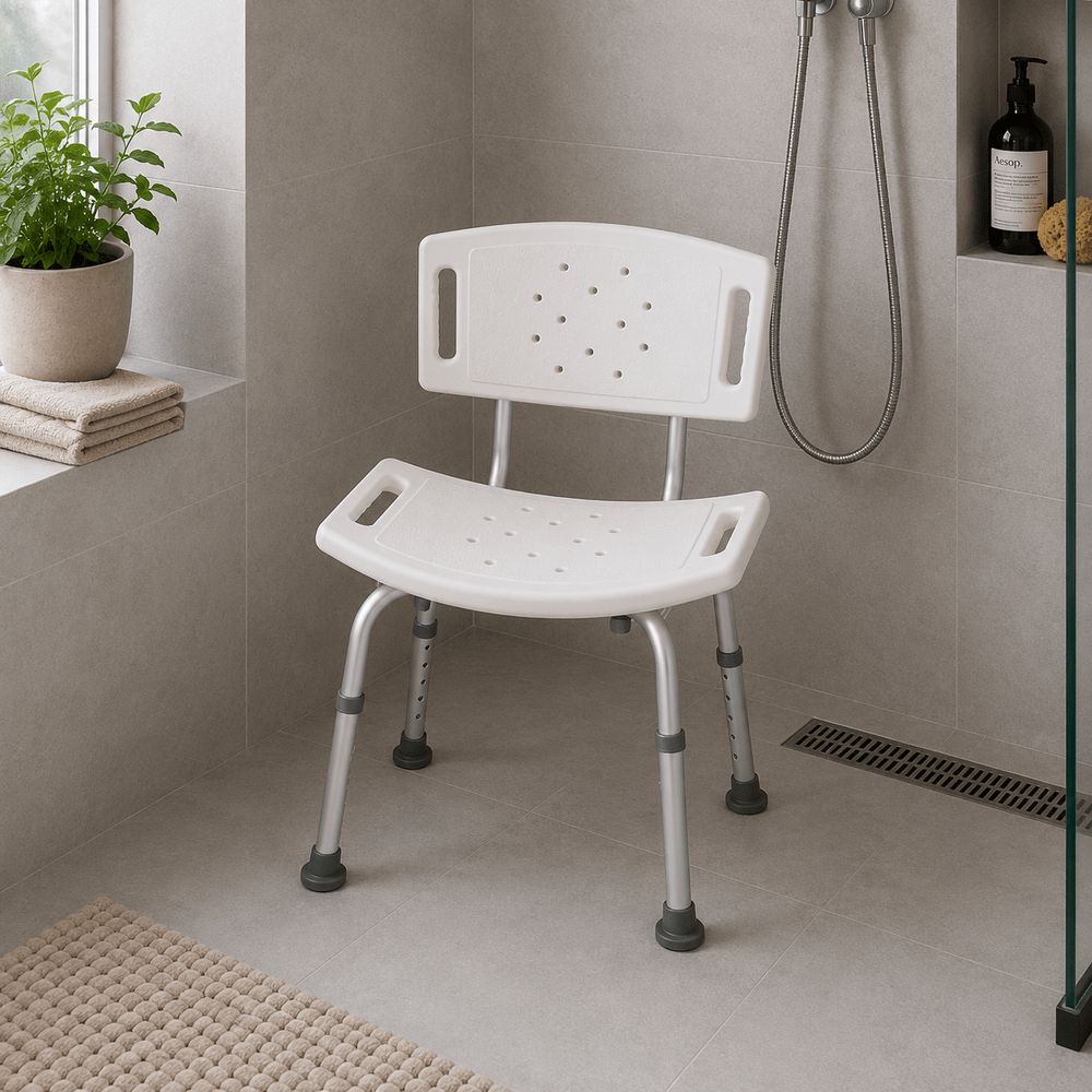 Witte Timago douchestoel met rugsteun, PVC zitting en aluminium frame