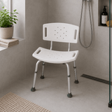 Witte Timago douchestoel met rugsteun, PVC zitting en aluminium frame