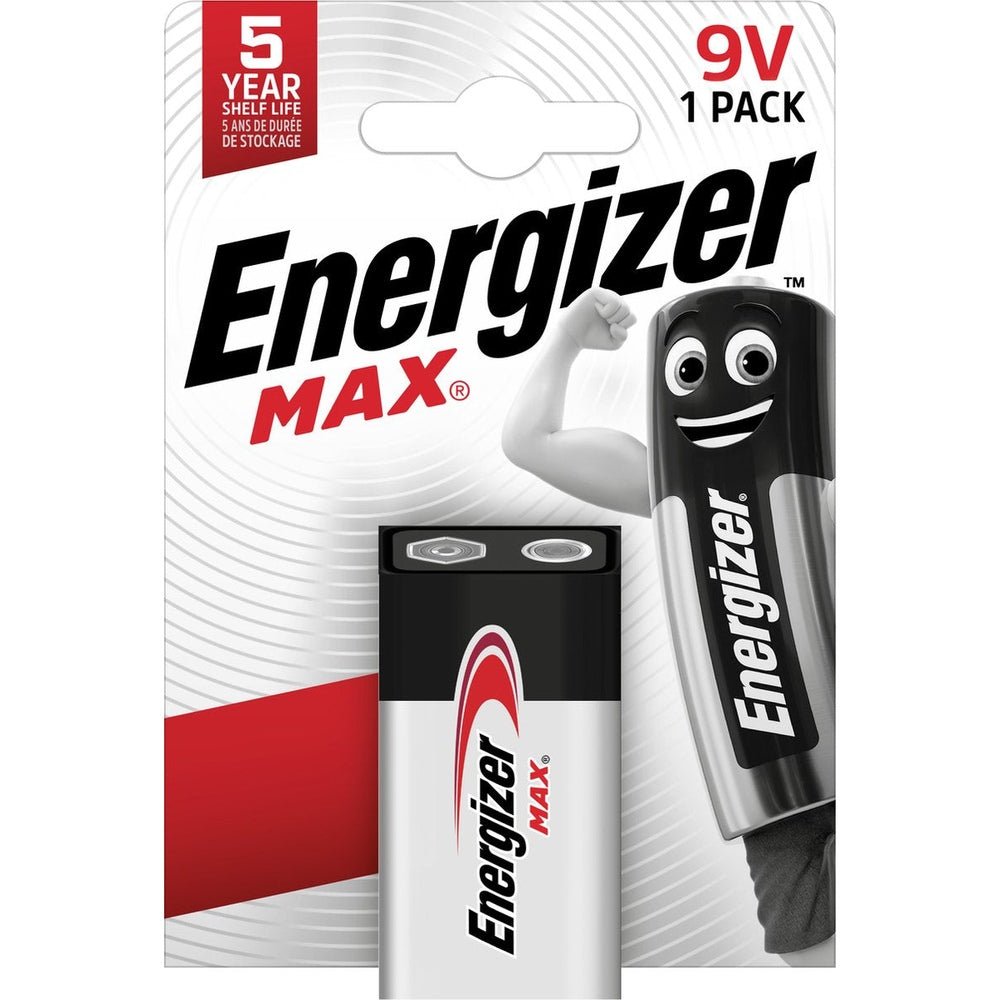 Energizer MAX 9V alkaline E-Block batterij in verpakking met cartoonfiguur