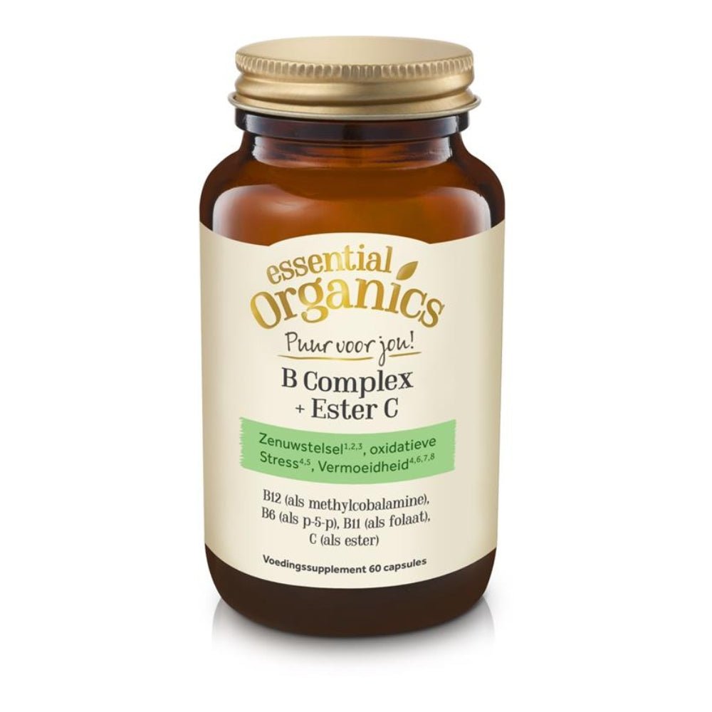 Essential Organics B Complex + Ester C supplement in bruine fles met gouden dop, 60 capsules voor zenuwstelsel en vermoeidheid