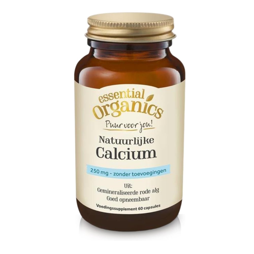 Essential Organics Natuurlijke Calcium 250 mg uit rode alg in glazen fles met gouden dop