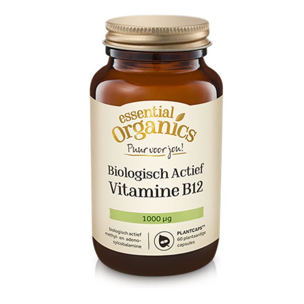 Essential Organics Vitamine B12 biologisch actief in bruine glazen fles met 60 plantaardige capsules