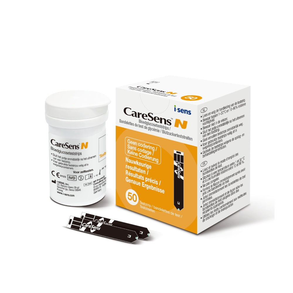 CareSens N glucose teststrips verpakking 50 stuks met oranje accenten