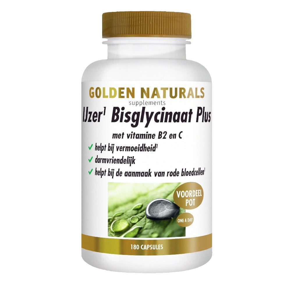 Golden Naturals IJzer Bisglycinaat Plus supplementfles met gouden dop, 180 veganistische tabletten