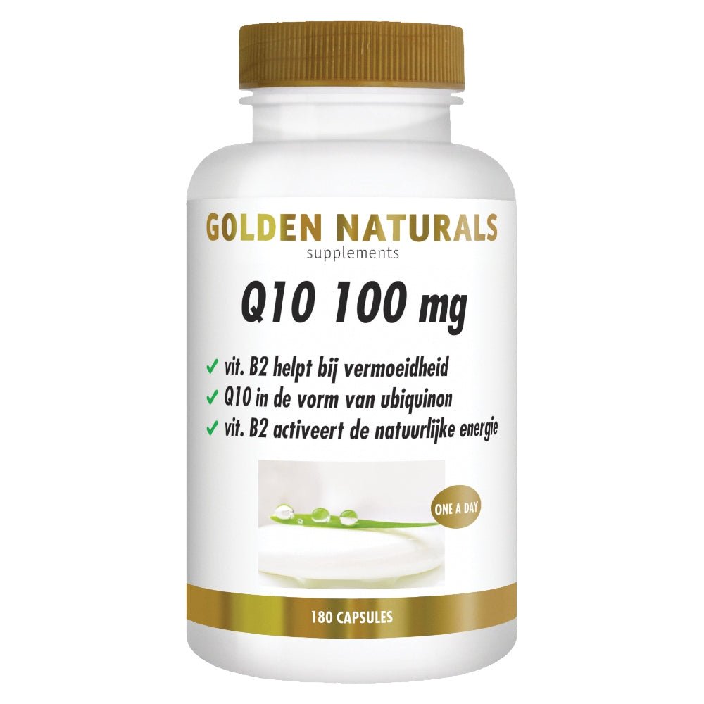 Golden Naturals Q10 100 mg supplement fles met 180 capsules en vitamine B2 tegen vermoeidheid