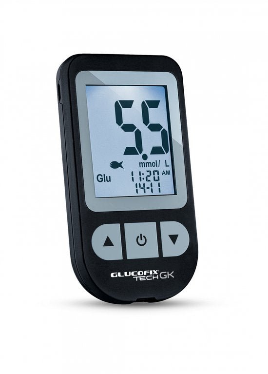 Zwarte Glucofix Tech GK bloedsuikermeter met LCD scherm