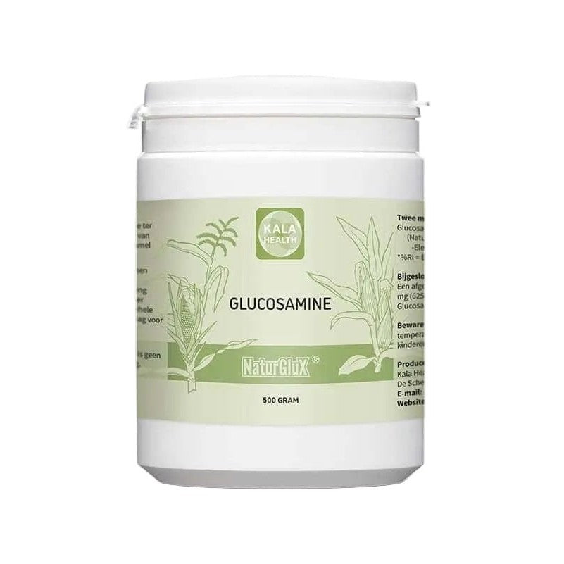Kala Health Glucosamine HCl poeder 500g vegan in witte pot met groen etiket