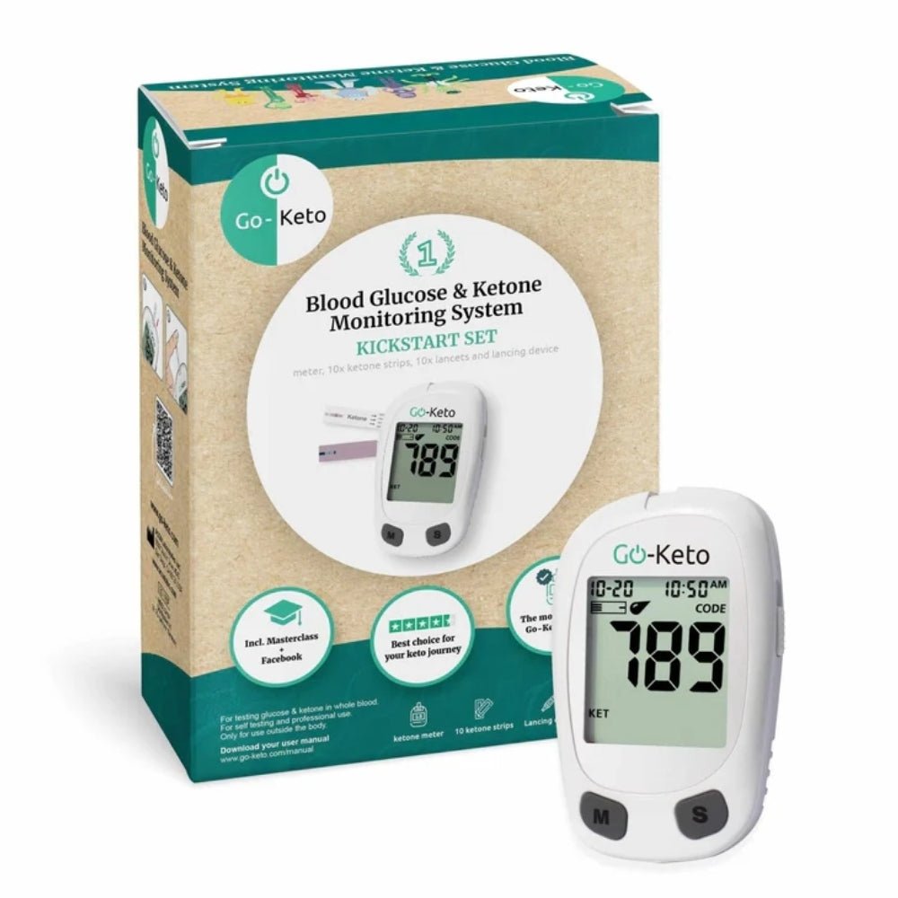 Go-Keto Kickstart Set verpakking en witte meter voor monitoring van bloedsuiker en ketonen