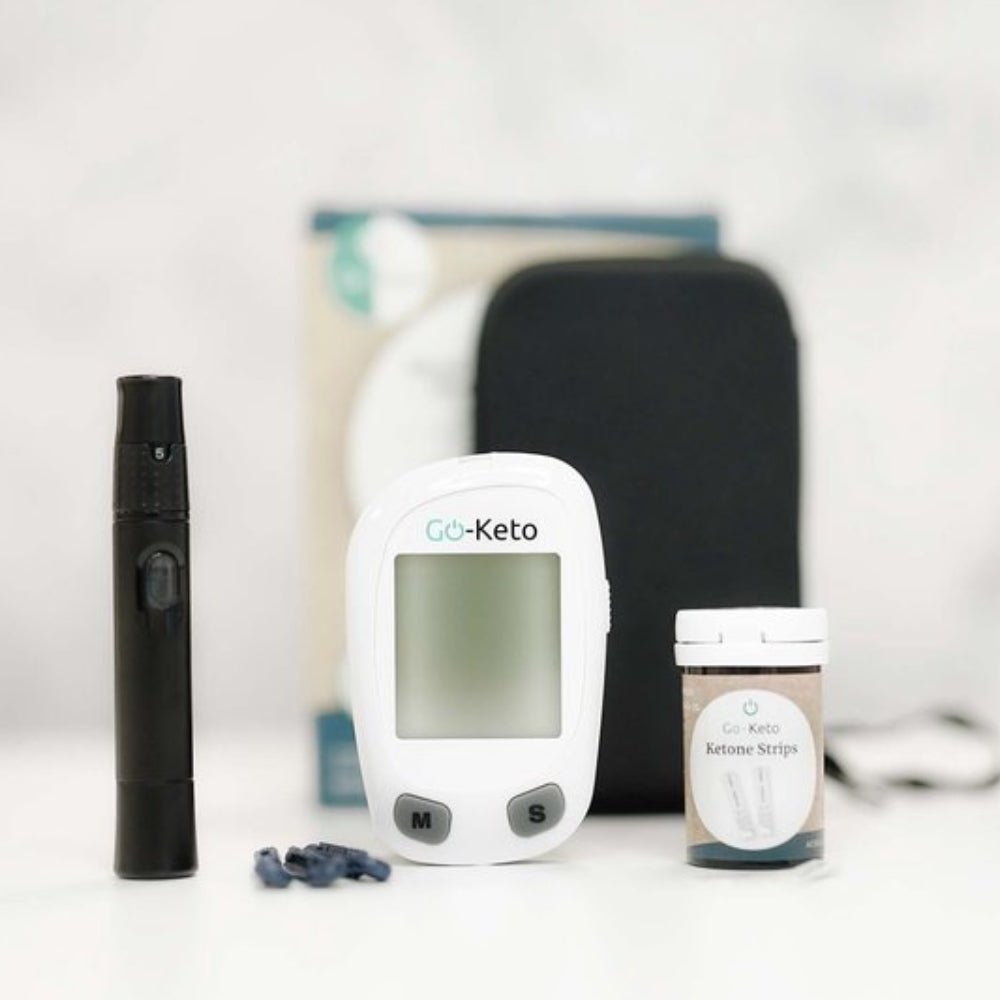 Witte Go-Keto 2-in-1 bloedglucose- en ketonenmeter met display en grijze knoppen