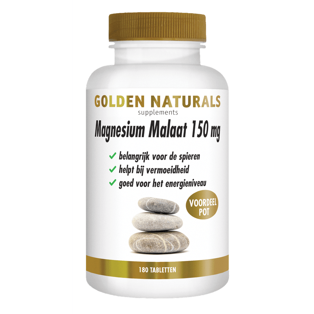 Golden Naturals Magnesium Malaat 150 mg voordelig potje met 180 veganistische tabletten tegen vermoeidheid