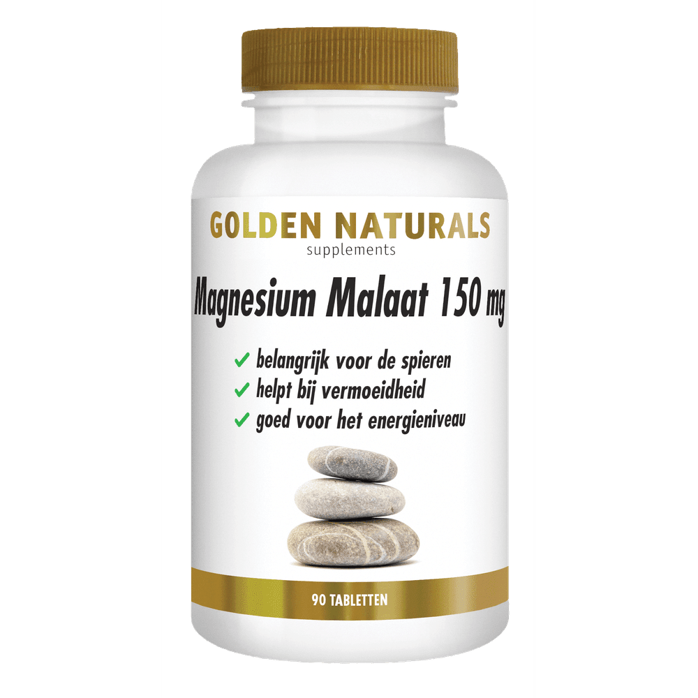 Golden Naturals Magnesium Malaat 150 mg veganistische tabletten in witte fles met gouden dop voor spieren en vermoeidheid