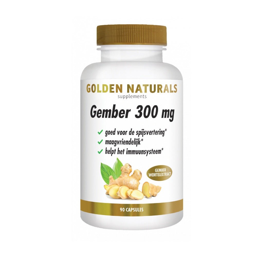 Golden Naturals Gember 300 mg veganistische capsules flesje met gouden dop en etiket voor spijsvertering