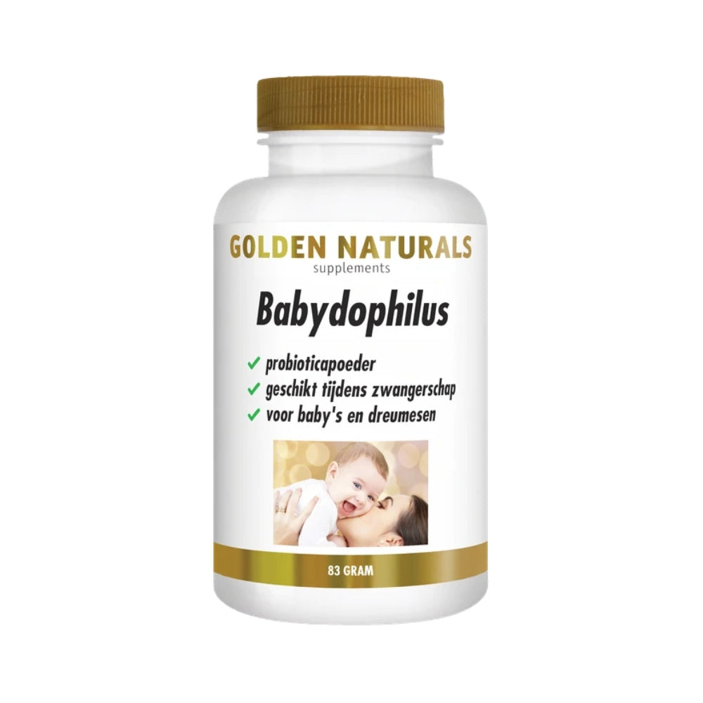 Golden Naturals Babydophilus probiotica poeder in witte pot met gouden dop, hypoallergeen voor baby en zwangerschap