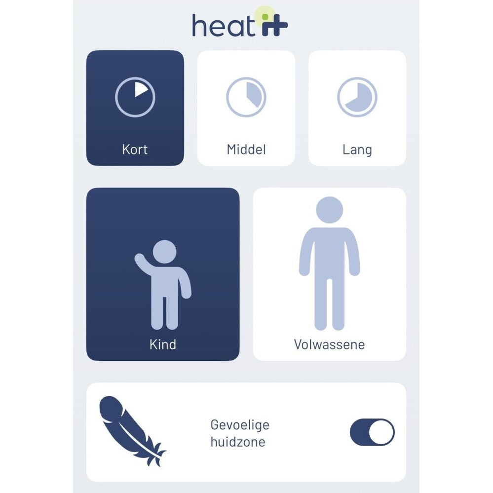 Heat it app interface voor tijdsinstellingen en gevoelige huidzones