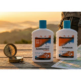 TravelSafe zonnebrandcrème SPF 50 en aftersun op houten tafel met kompas en kaart