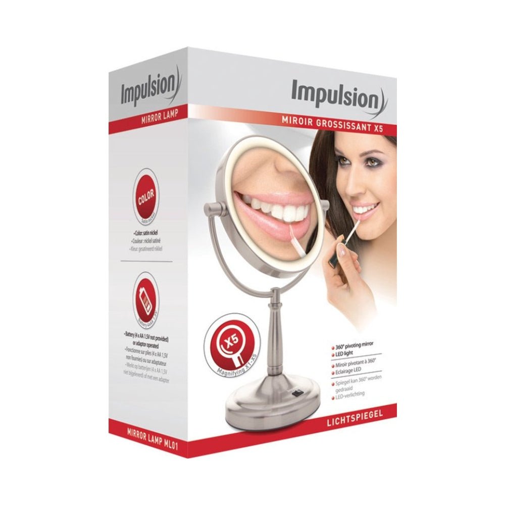 Verpakking Impulsion Mirror Lamp ML01 satijnnikkel met 5x vergroting