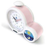 Roze witte Pabobo kinderwekker met analoge wijzerplaat en dag-nacht indicator