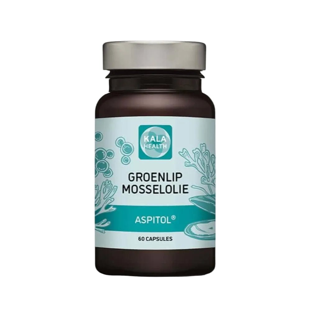 Kala Health Groenlipmosselolie Aspitol fles met 60 capsules en zilveren dop