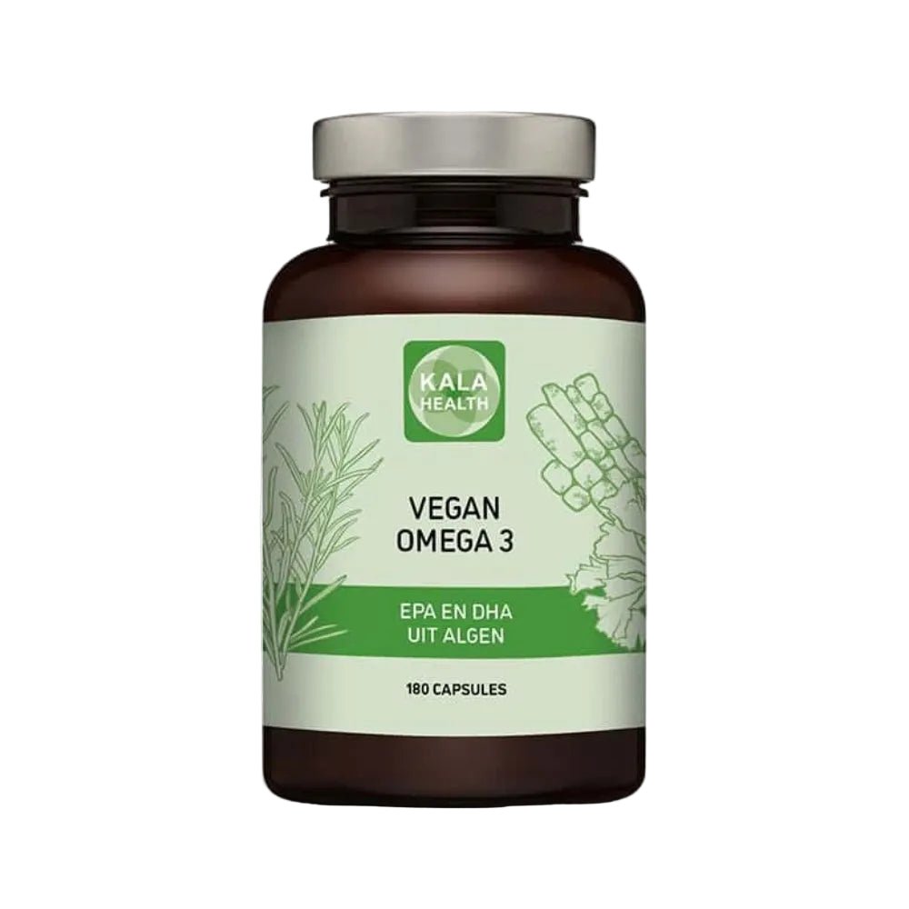 Kala Health Vegan Omega-3 fles met 180 capsules, EPA en DHA uit algenolie, groen etiket met zilverkleurige dop