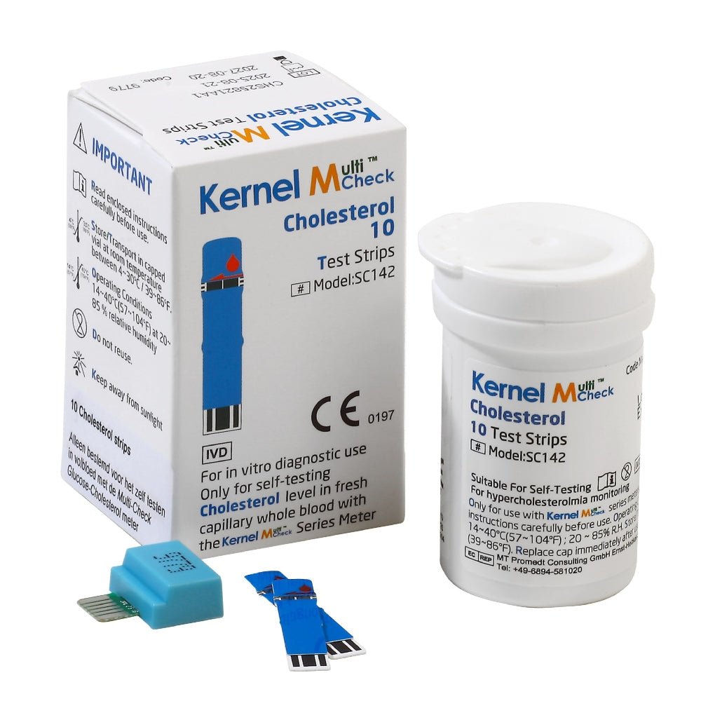 Kernel MultiCheck cholesterol teststrips verpakking met codesleutel en losse strips