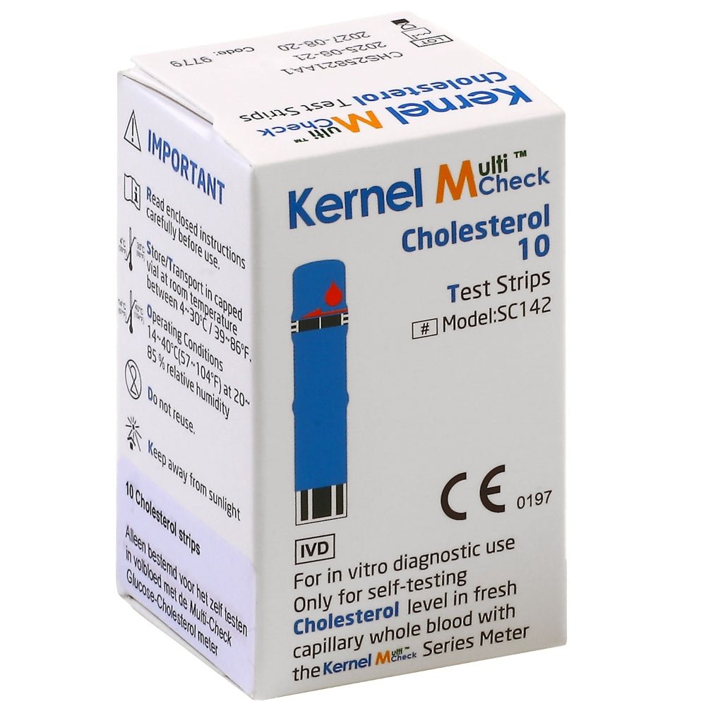 Kernel MultiCheck cholesterol teststrips doos voorzijde met CE-keurmerk en instructies
