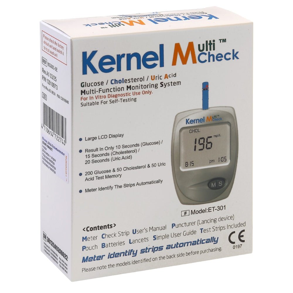 Multicheck 3UZ startpakket verpakking met glucose, cholesterol en urinezuur meter