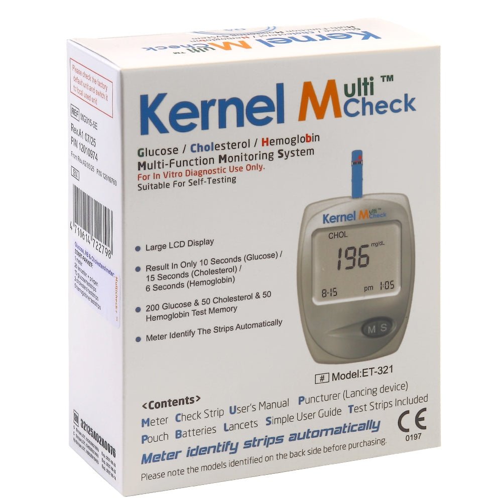 Multicheck 3HB startpakket verpakking glucose-cholesterol-hemoglobine meter