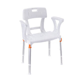 Witte douchestoel met rug- en armleuningen, aluminium frame en verstelbare poten