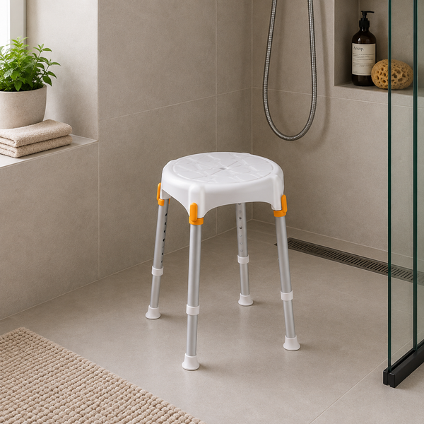 Witte ronde douchekruk met aluminium frame en antislip poten