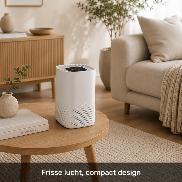 Witte Lanaform luchtreiniger met compact design op salontafel