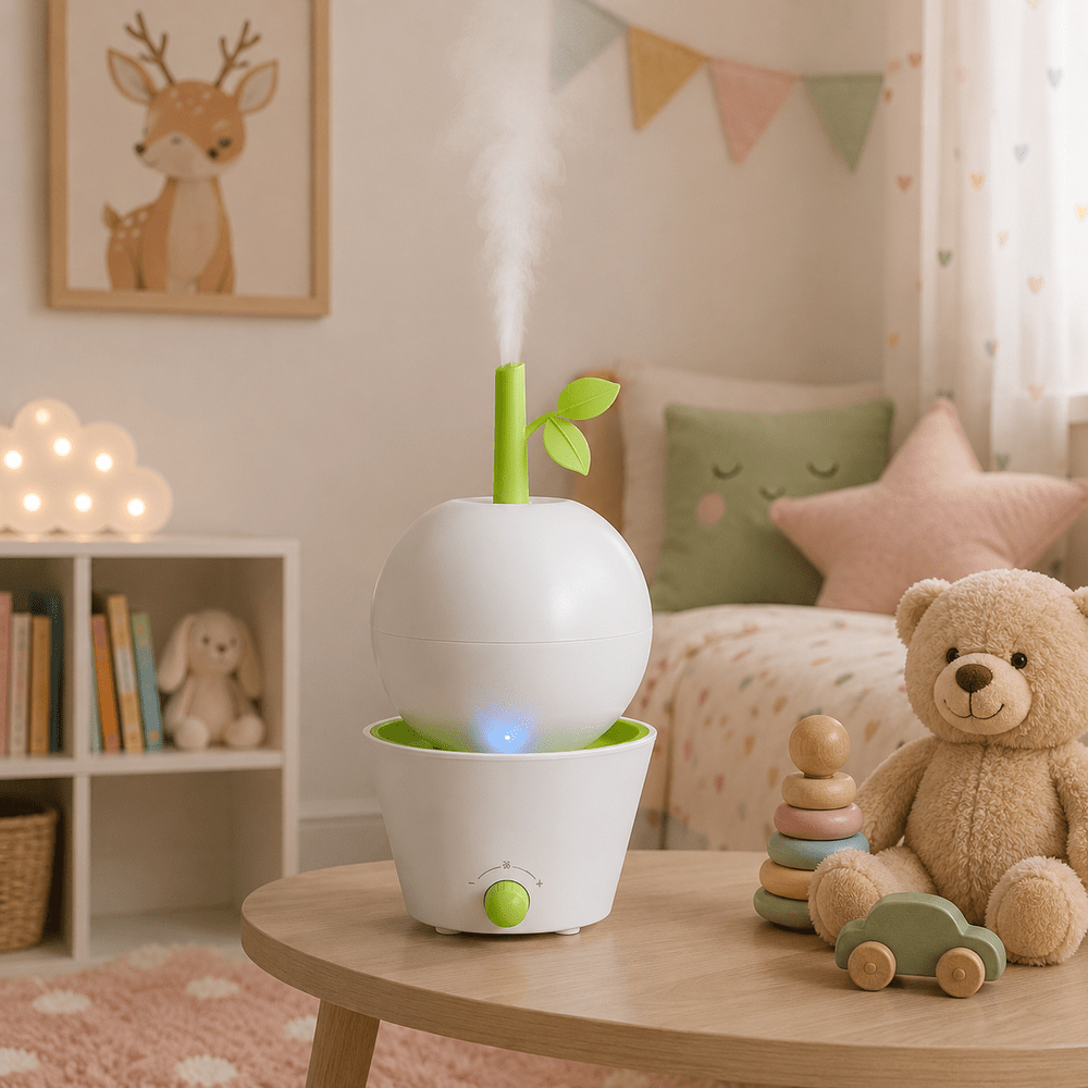 Witte ultrasone kinder-luchtbevochtiger met stoomstraal op houten tafel in kinderkamer
