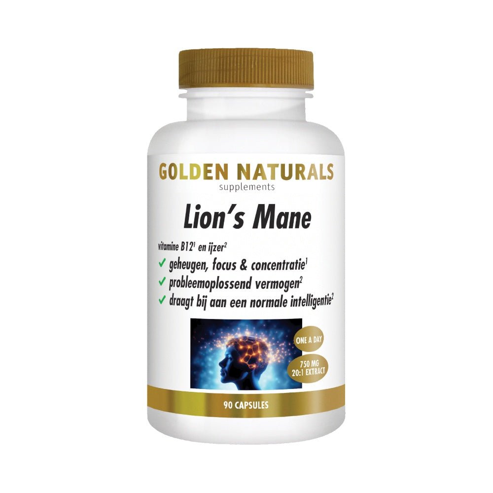 Golden Naturals Lion's Mane supplement fles met 90 vegan capsules, verrijkt met vitamine B12 en ijzer voor focus en geheugen
