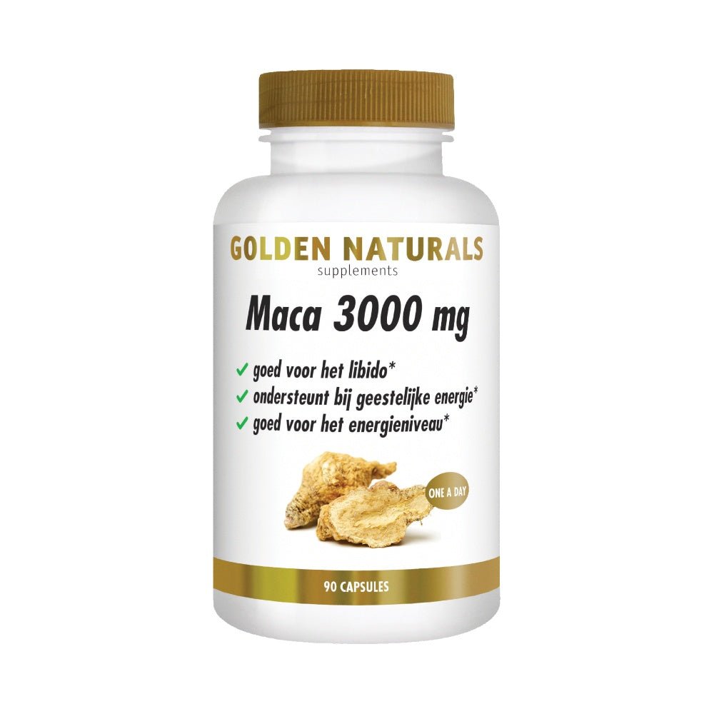 Golden Naturals Maca 3000 mg capsules in witte fles met gouden dop, 90 veganistische capsules voor energie en libido