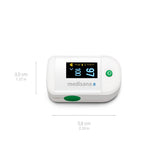 Medisana saturatiemeter met afmetingen en specificaties OLED-display