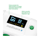 OLED-display van Medisana saturatiemeter toont zuurstof en hartslagwaarden