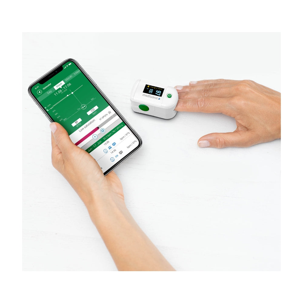 Close-up van Medisana saturatiemeter aan vinger met app grafiek op scherm