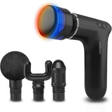 Zwarte Medisana MG 560 massage gun met warm/koude kop en drie accessoires op witte achtergrond