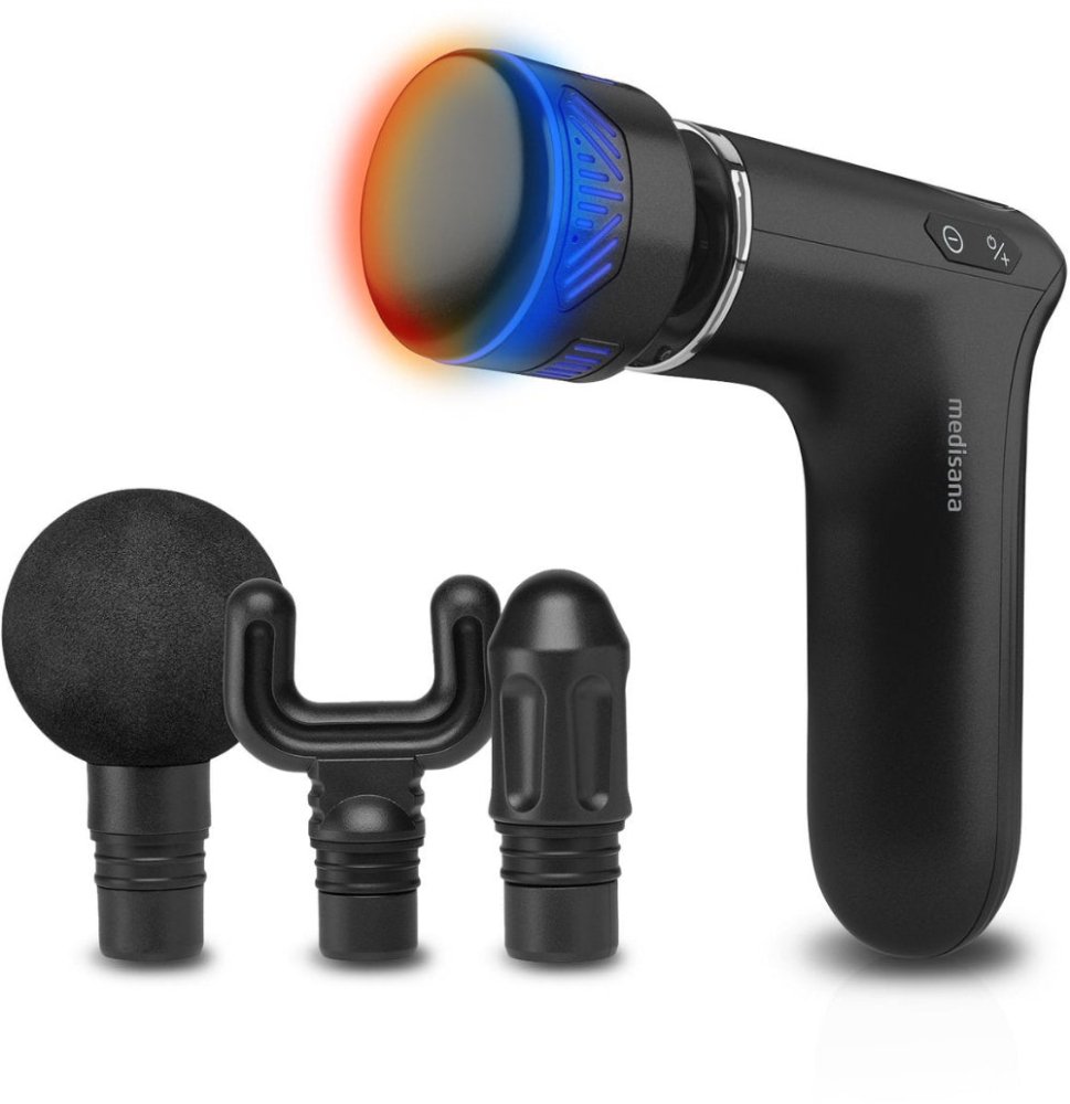 Zwarte Medisana MG 560 massage gun met warm/koude kop en drie accessoires op witte achtergrond