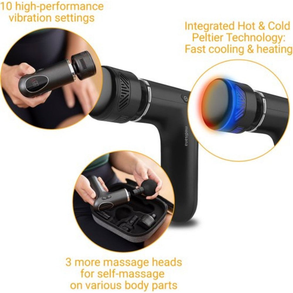 Close-up van Medisana massage gun met rood-blauwe verlichting en 10 vibratieniveaus