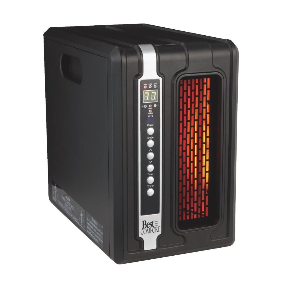 Montana SunHeat infrarood elektrische kachel voorzijde met digitale display en gloeiende elementen