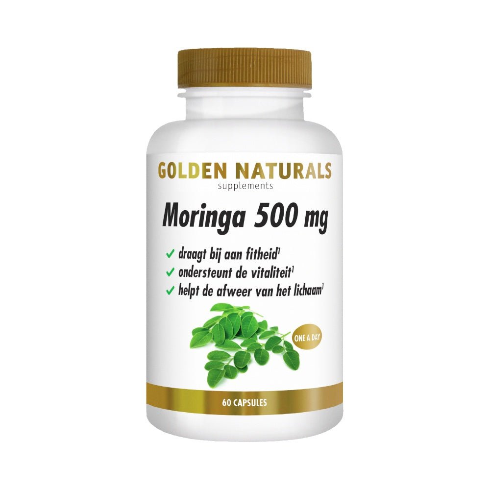 Golden Naturals Moringa 500 mg capsules in witte fles met gouden dop, 60 veganistische capsules voor vitaliteit en afweer