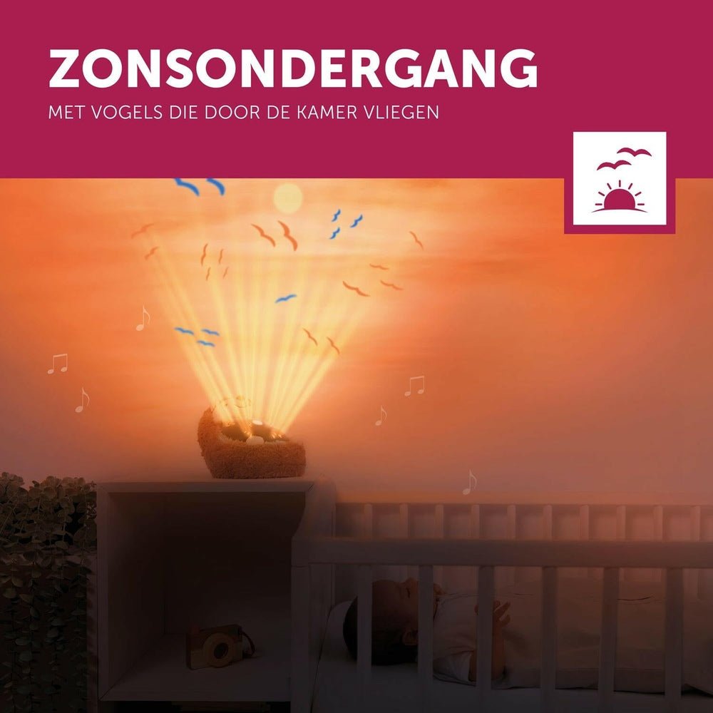 Babyprojector Zazu met zonsondergang projectie en vliegende vogels