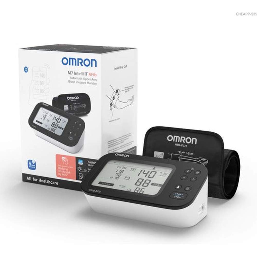 Omron M7 Intelli IT verpakking met apparaat en Bluetooth-bloeddrukmeter