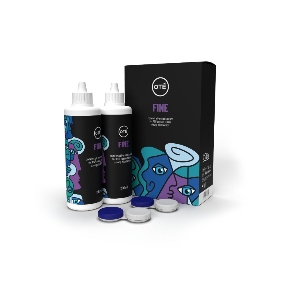 Oté Fine RGP lenzenvloeistof set 2x200ml met kleurrijk abstract etiket en houder