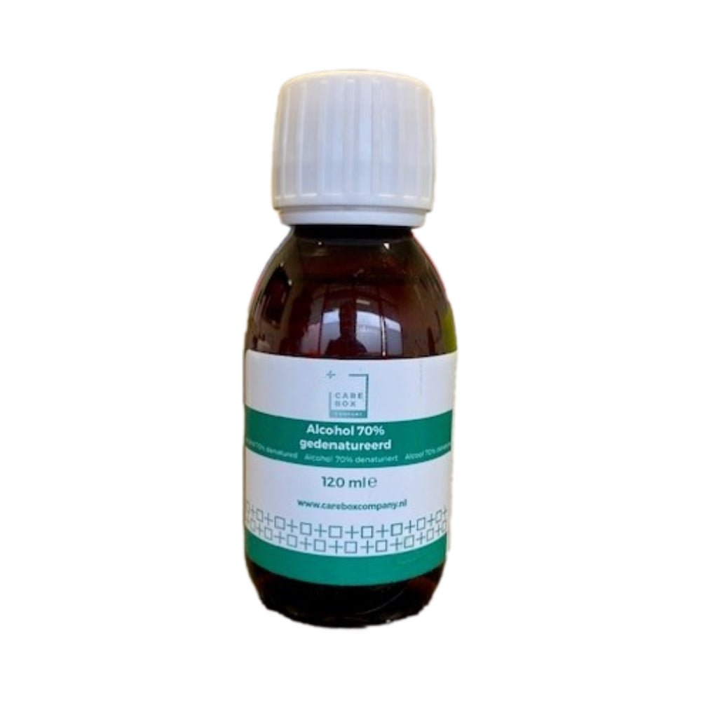 CareBoxCompany alcohol 70% gedenatureerd in bruine glazen fles van 120 ml voor desinfectie