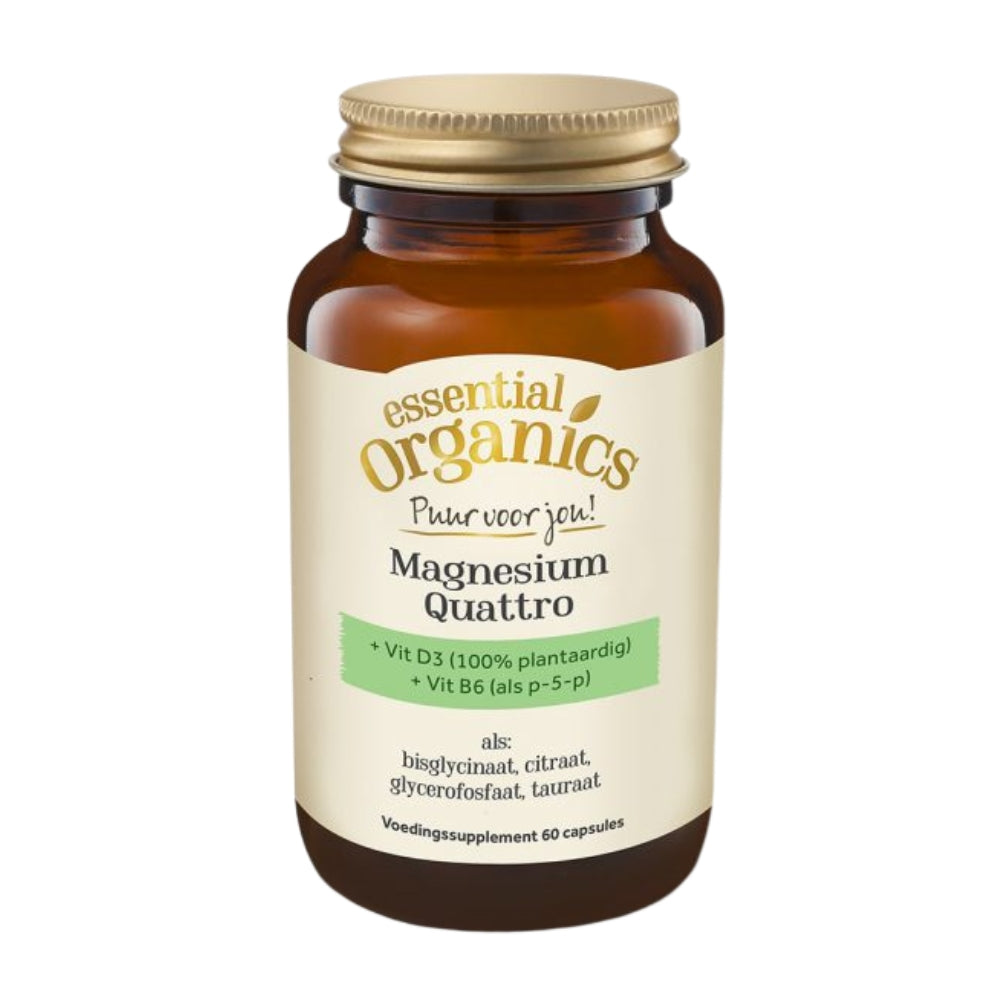 Essential Organics Magnesium Quattro supplement in amber glazen flesje met etiket